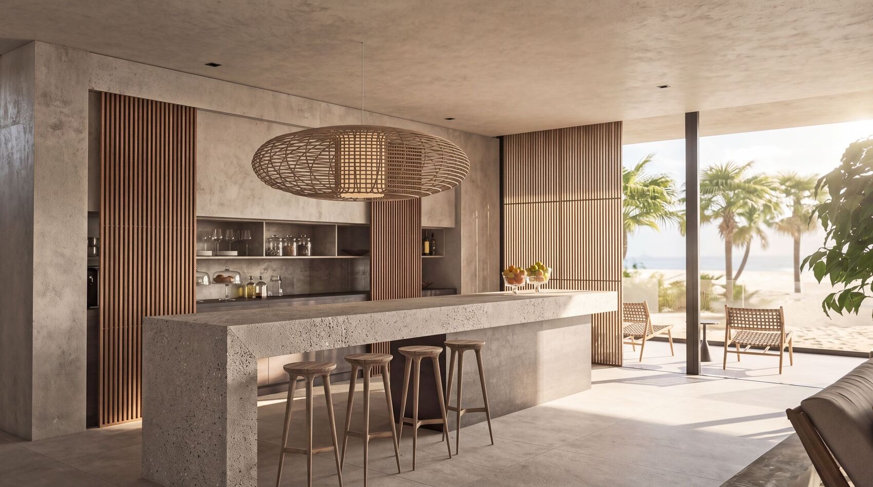 Bar island with a stone top, rattan pendant and a view to the beach.