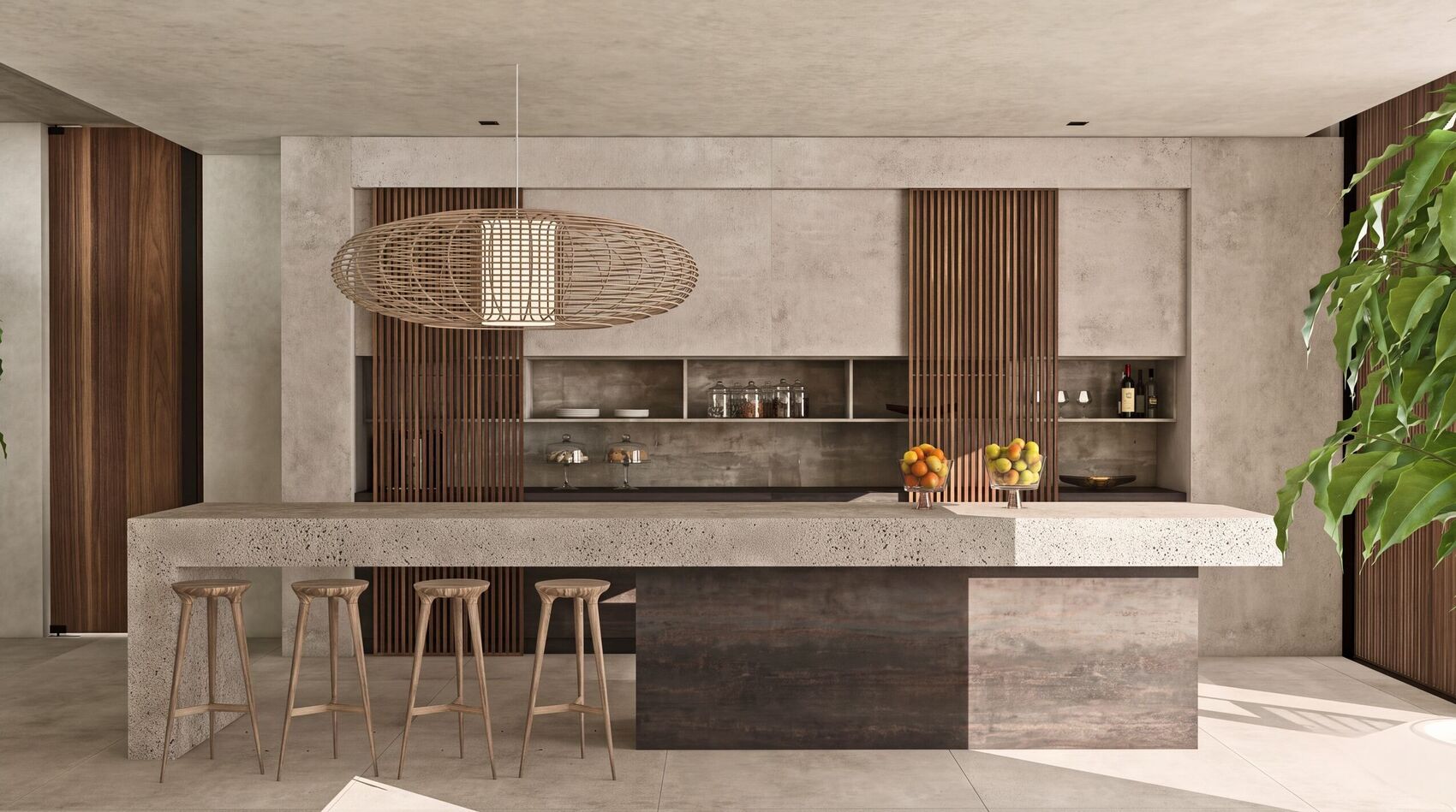 The bar island head-on, with timber slats and open shelves.