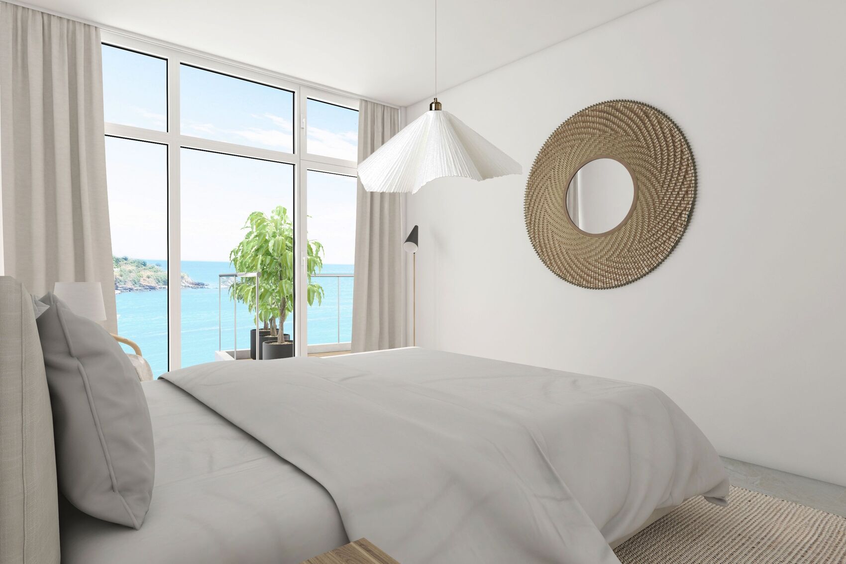 Bett, Spiegel und Blick zum Wasser.