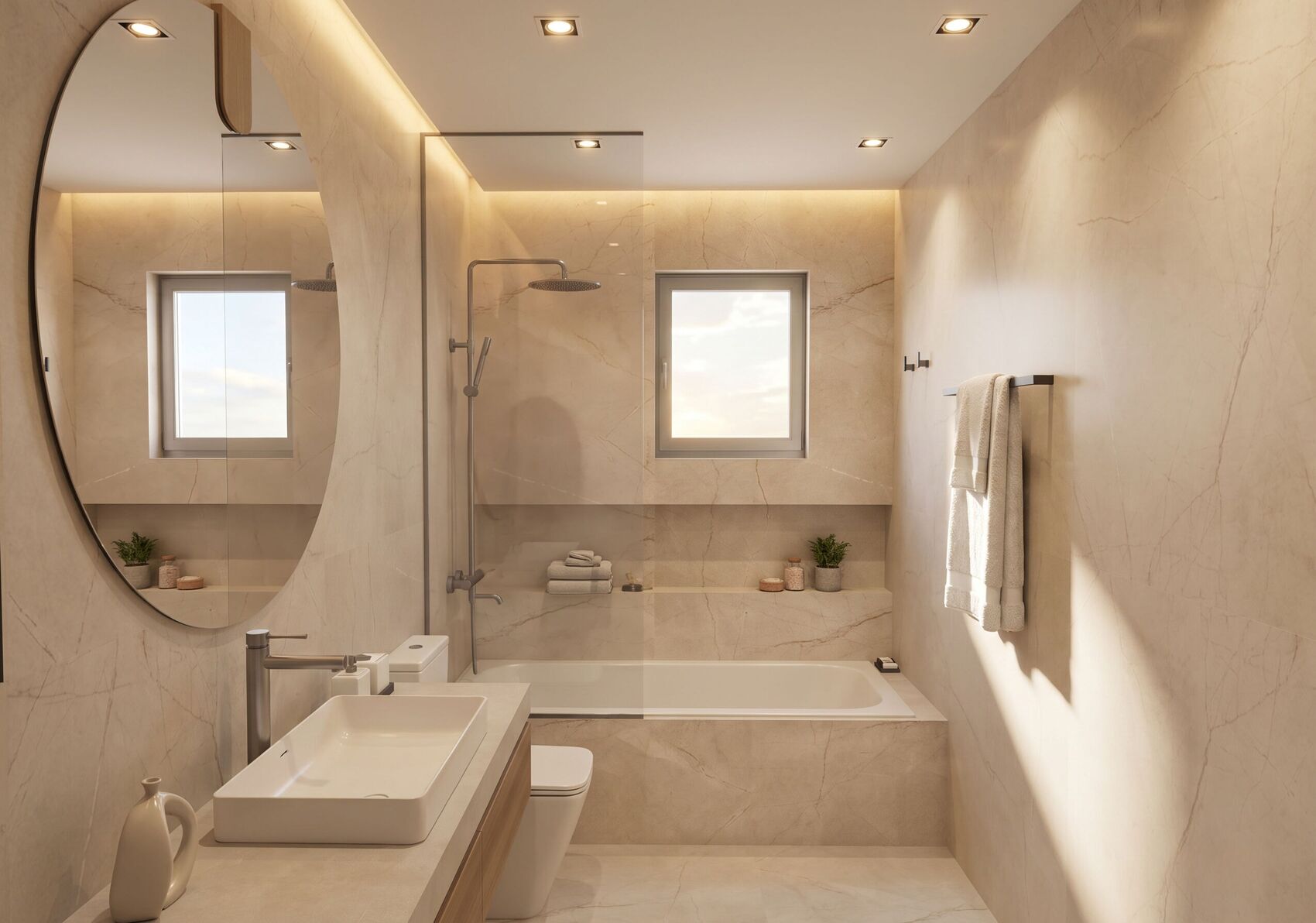 Baño de mármol, bañera bajo la ventana y espejo redondo.