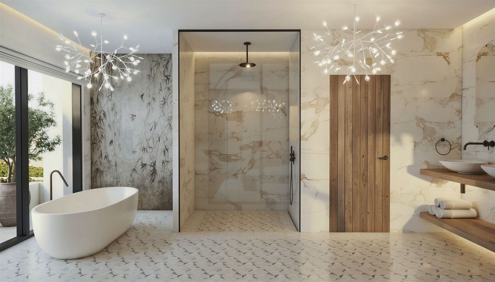 Baño con piedra y luz cálida.