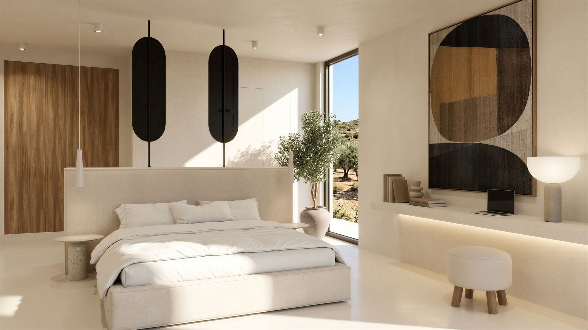 Beach Minimalism : un pavillon de pierre s’ouvrant sur une terrasse en contrebas et la piscine.