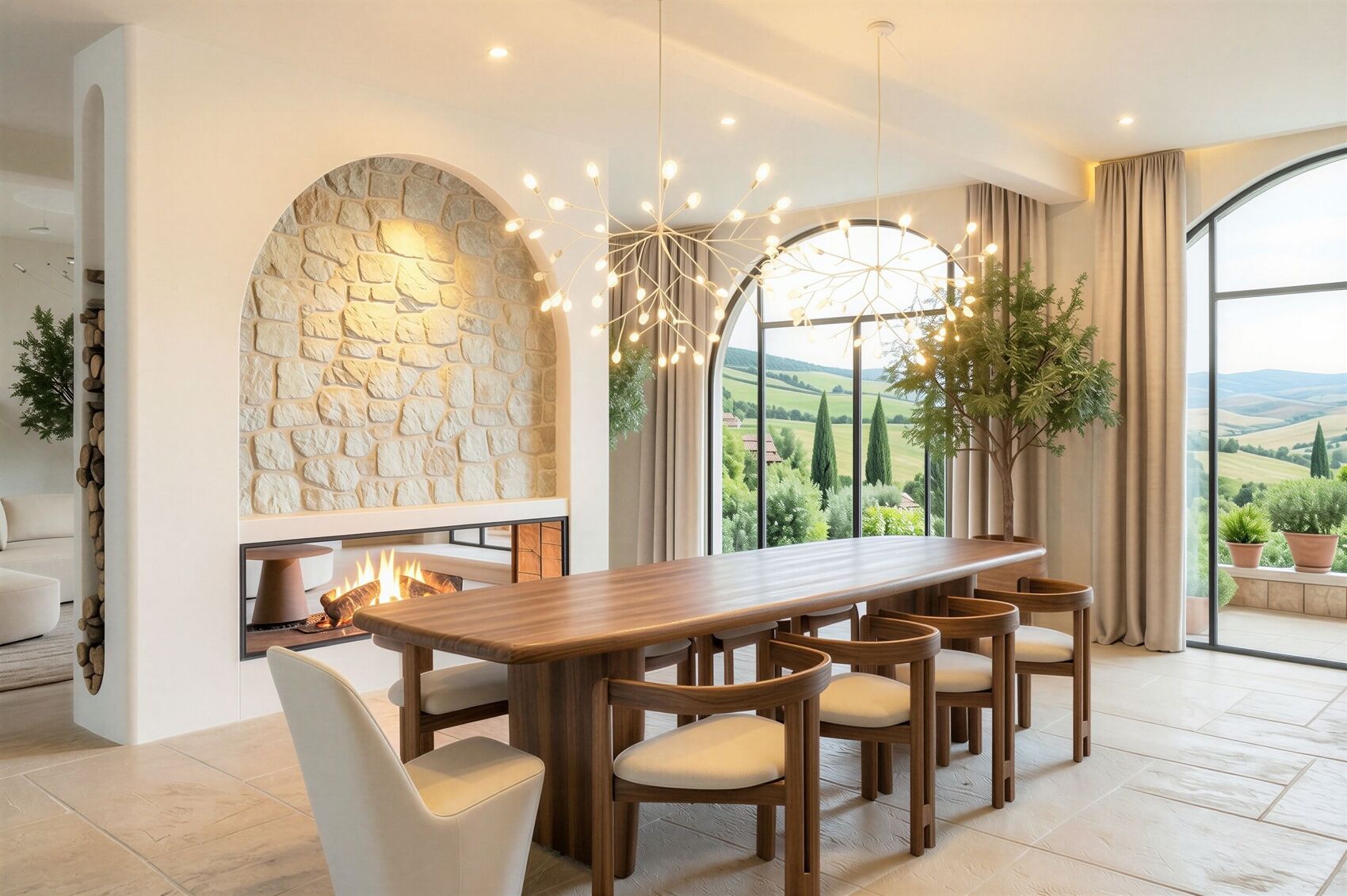 Cocina y comedor con la chimenea orgánica.
