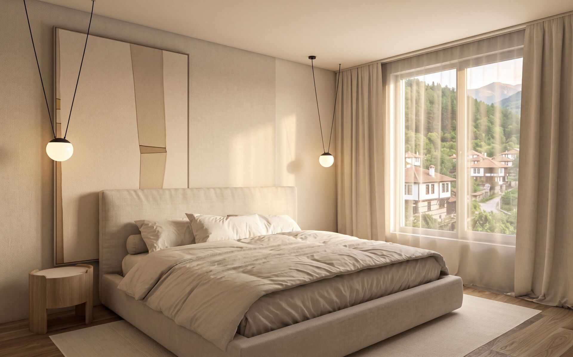 Chambre principale avec un lit de lin, des suspensions-globes et une vue de toits de village.