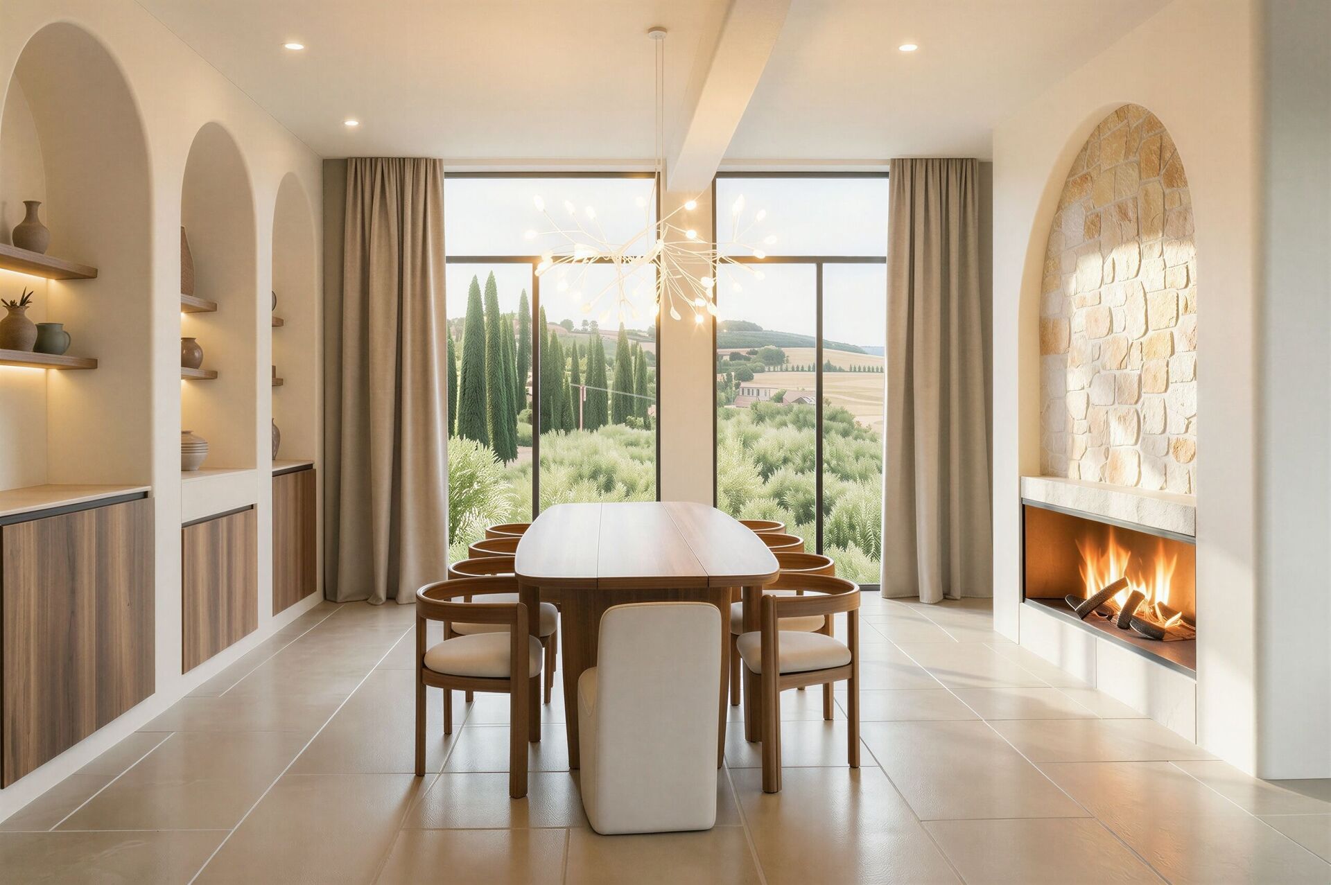 The dining table aligned with a garden view, a stone fireplace and arched timber cabinetry.