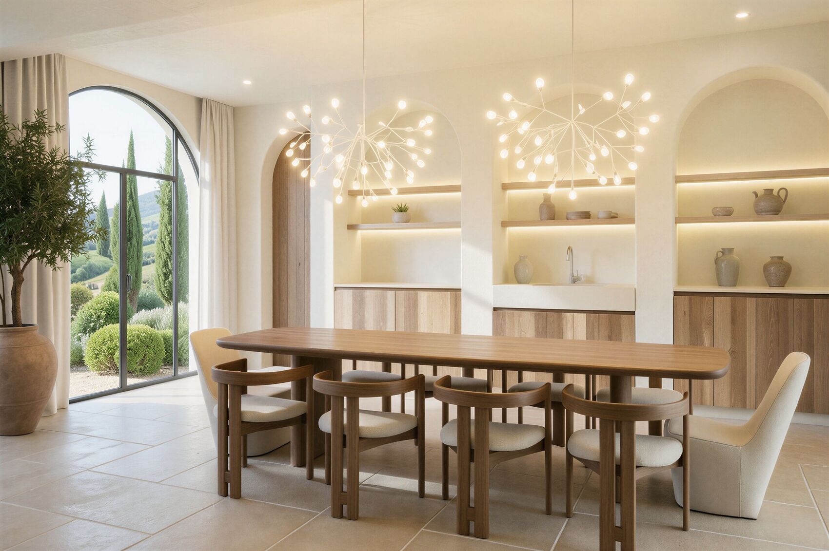 Dining table, arched window to cypresses and lit niches.