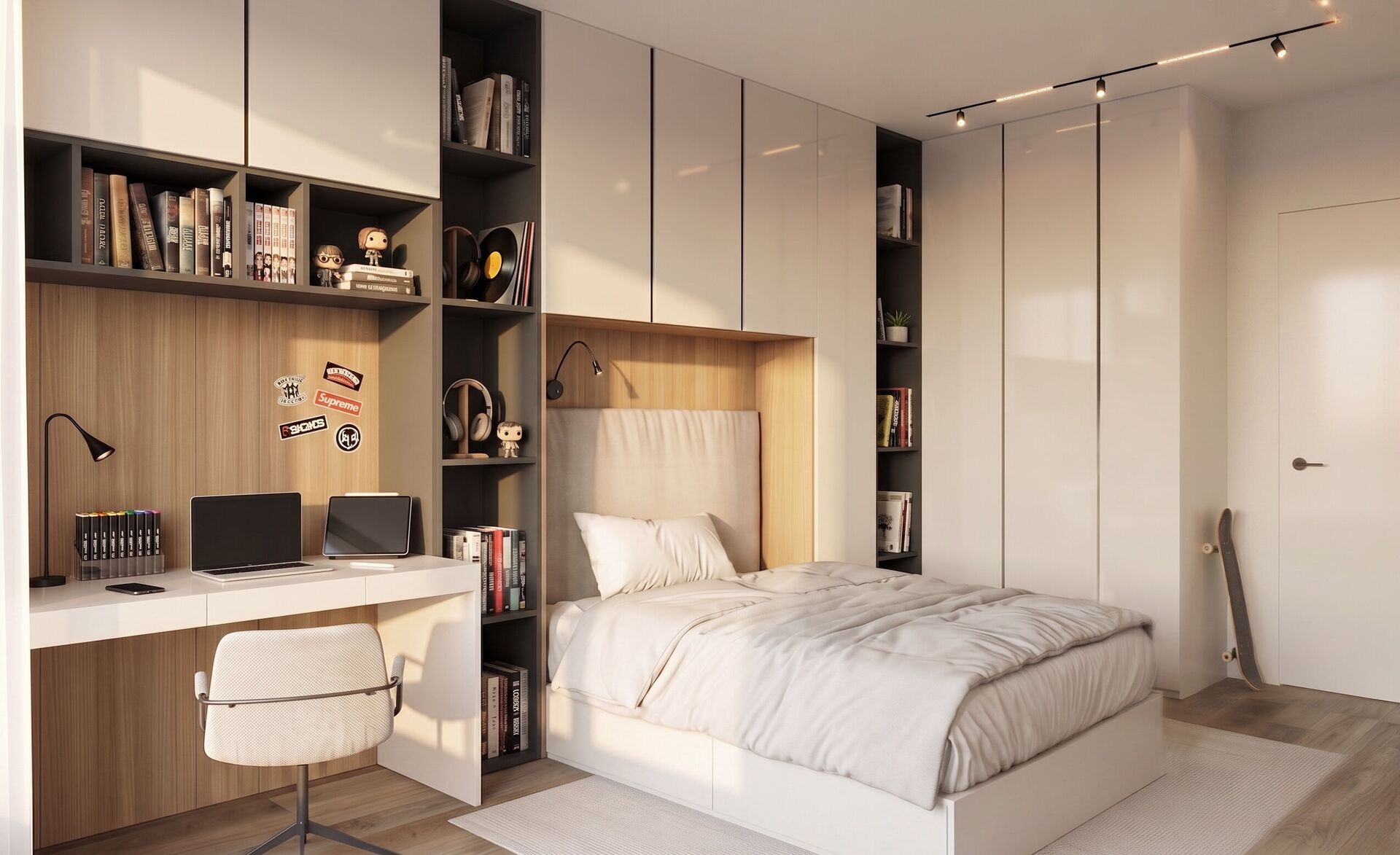Habitación de adolescente con escritorio empotrado, cama en hornacina y armarios hasta el techo.