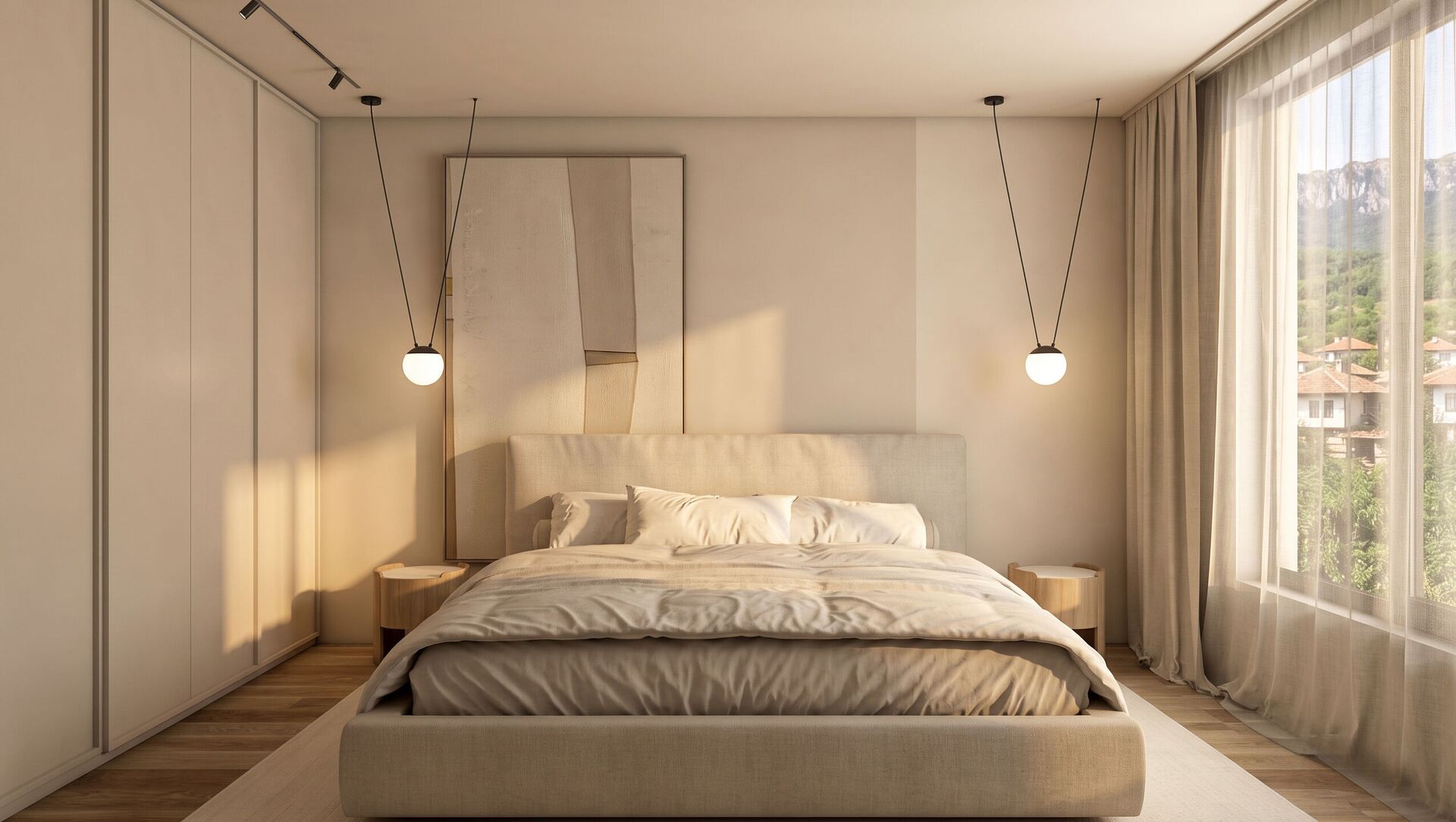 La cama entre un armario alto y la ventana hacia la colina.
