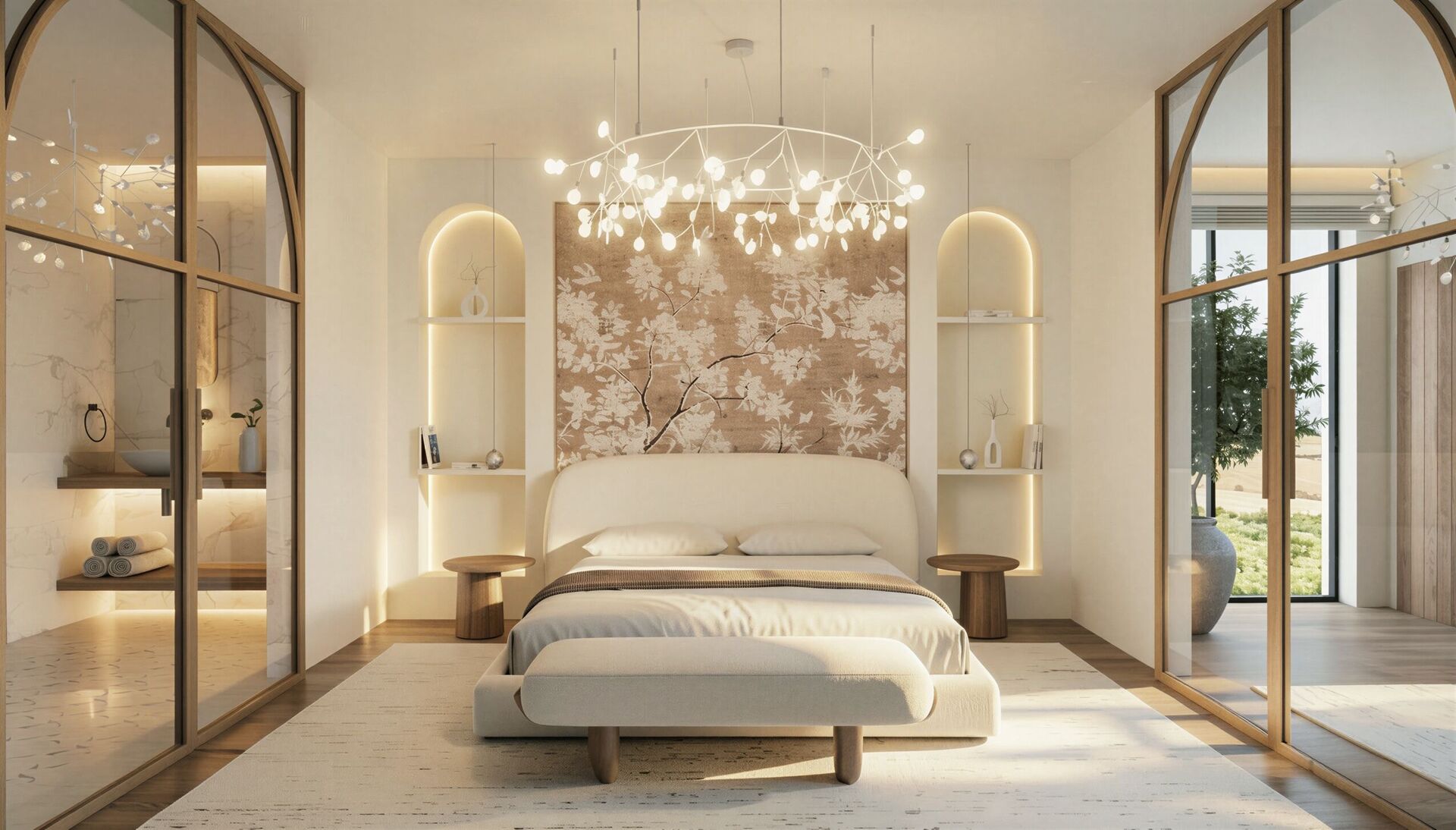 El dormitorio principal con pantallas acristaladas en arco, un muro floral de cabecero y una lámpara circular.