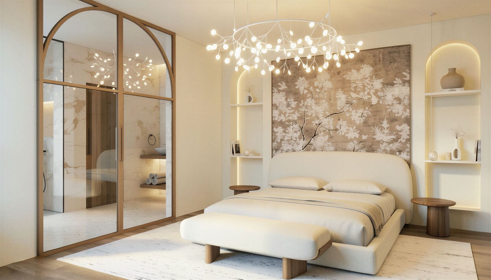 Dormitorio hacia la pantalla arqueada del baño.