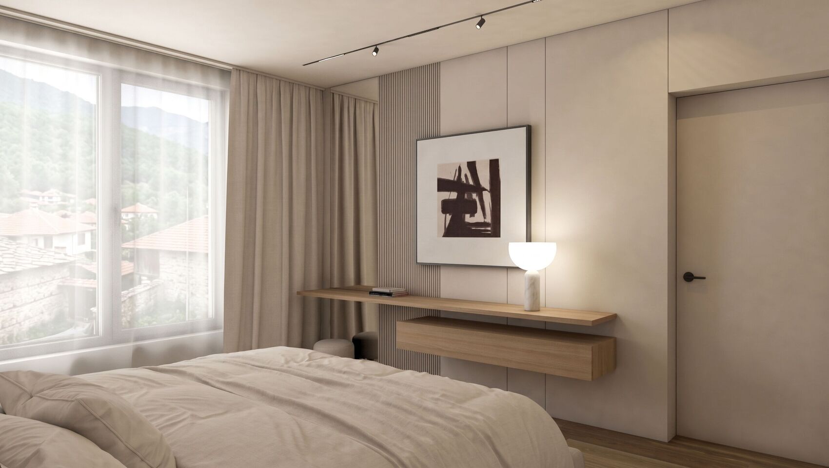 Une console derrière le lit, lampe et peinture.