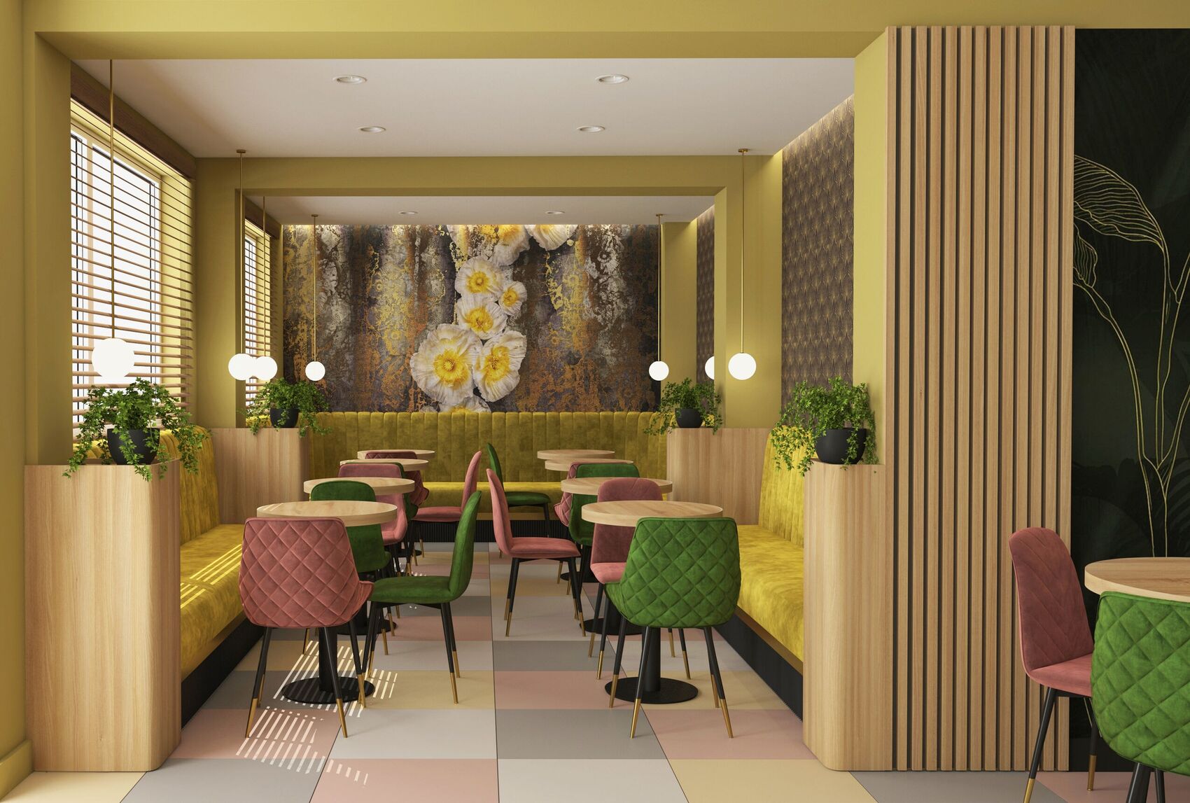 Dining room with a slatted screen to the right and the mural at the end.