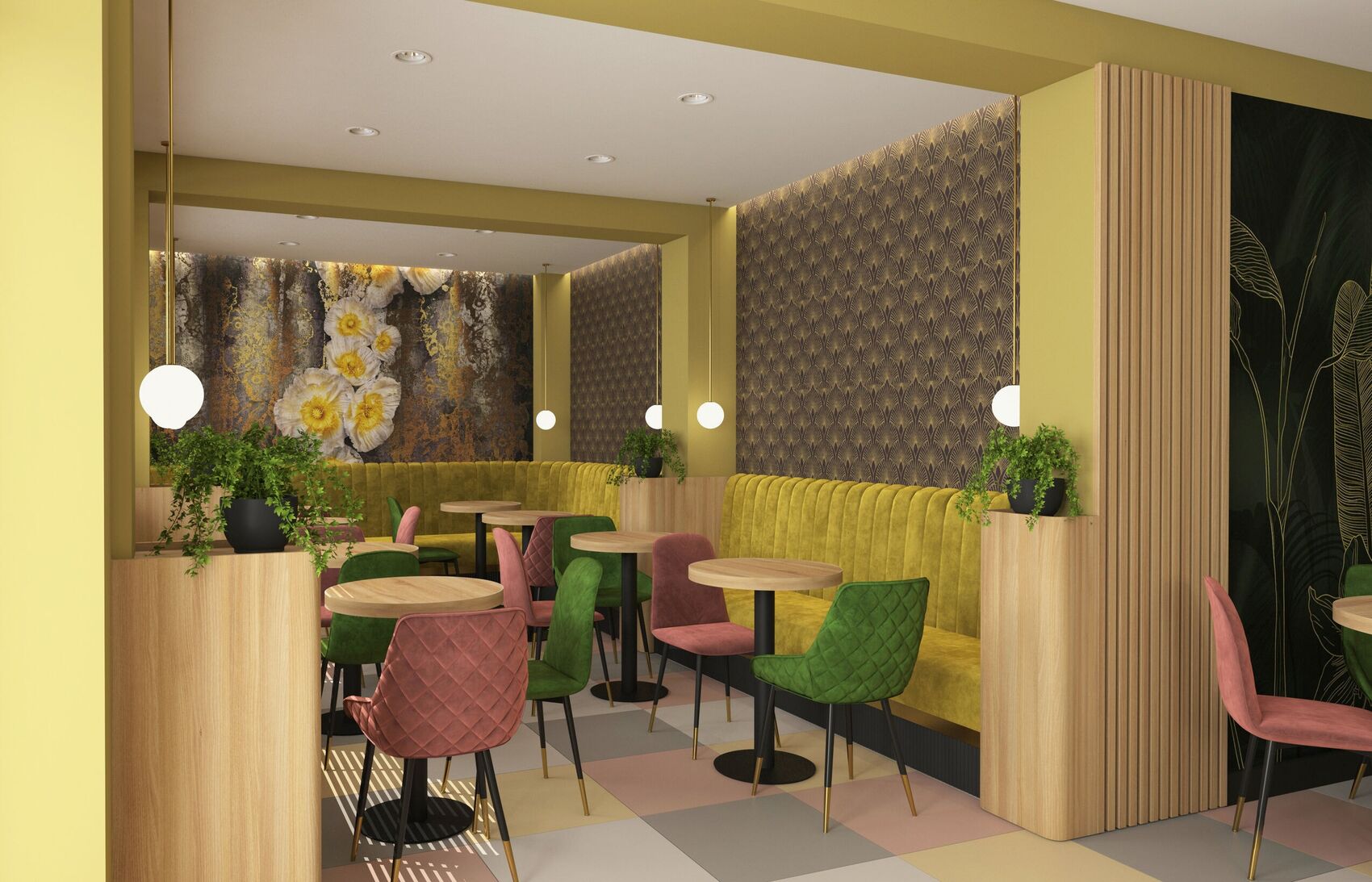 Banquette and chairs toward the mural.