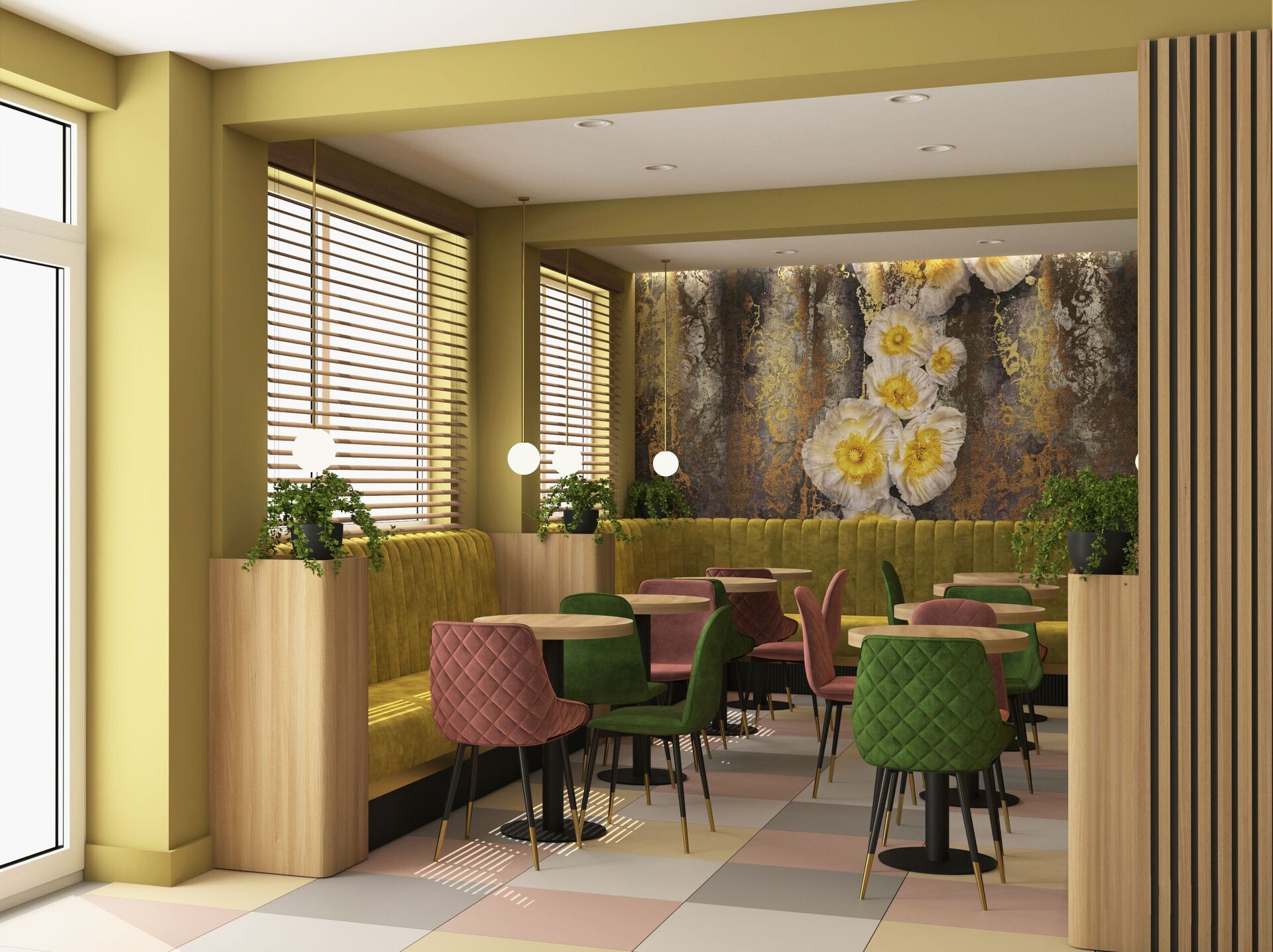 The dining room from the window toward the mural, banquettes and quilted chairs.