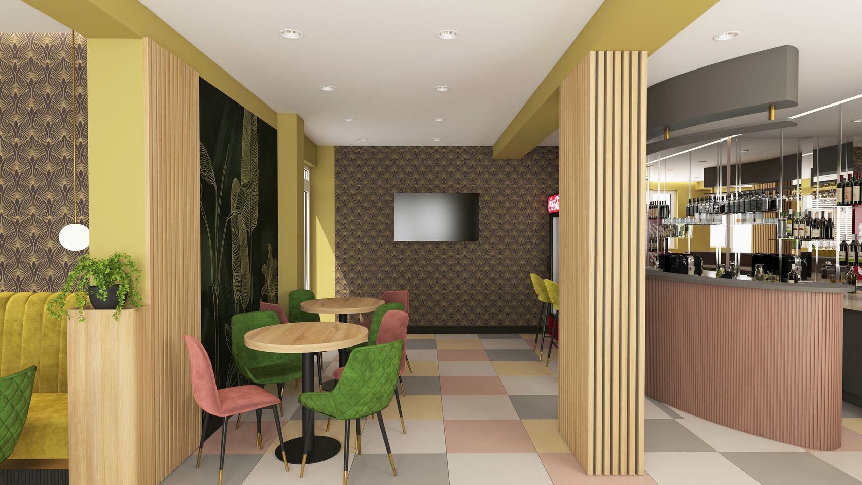 Tables beside the bar and the fan-pattern wall.