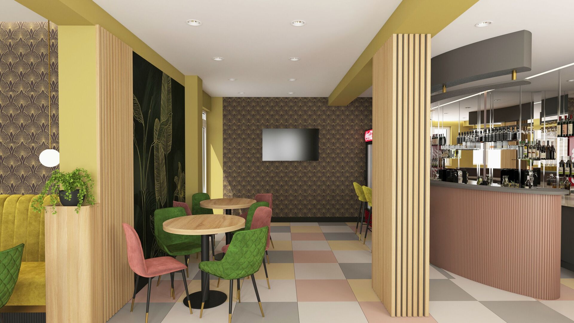 Tables beside the bar and a wall in a dark fan pattern.