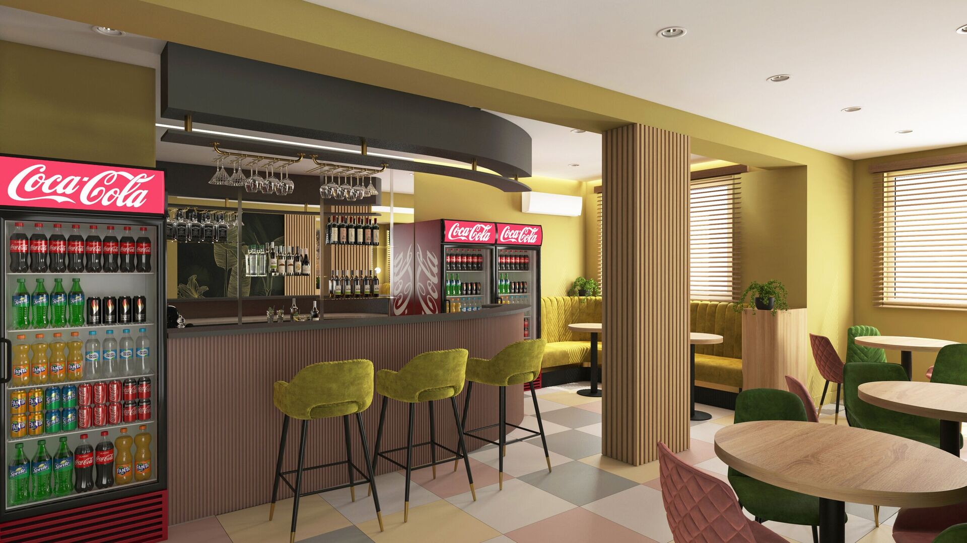 The bar with a ribbed pink front, yellow stools and Coca-Cola coolers.