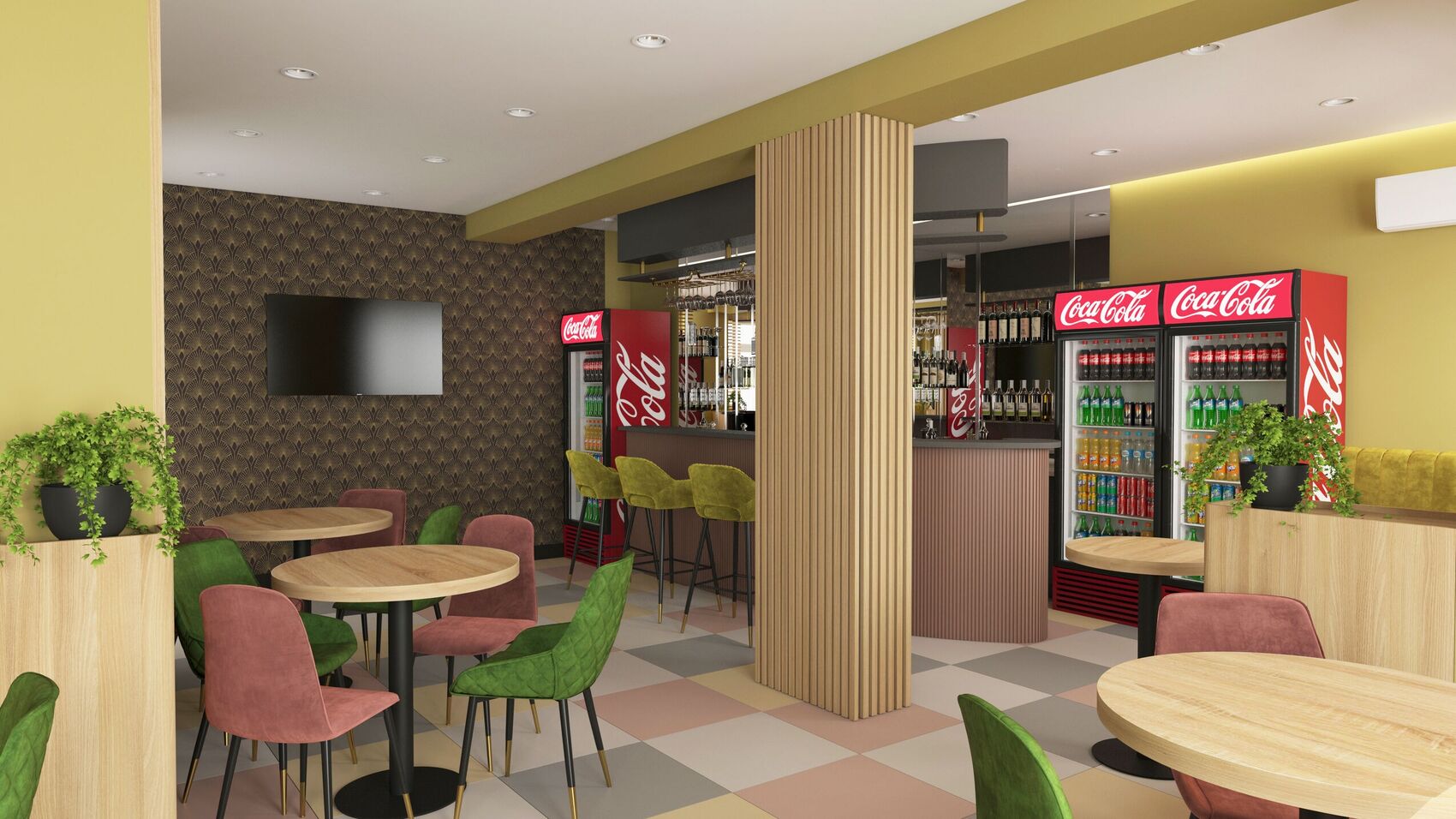 Tables toward the bar and coolers.