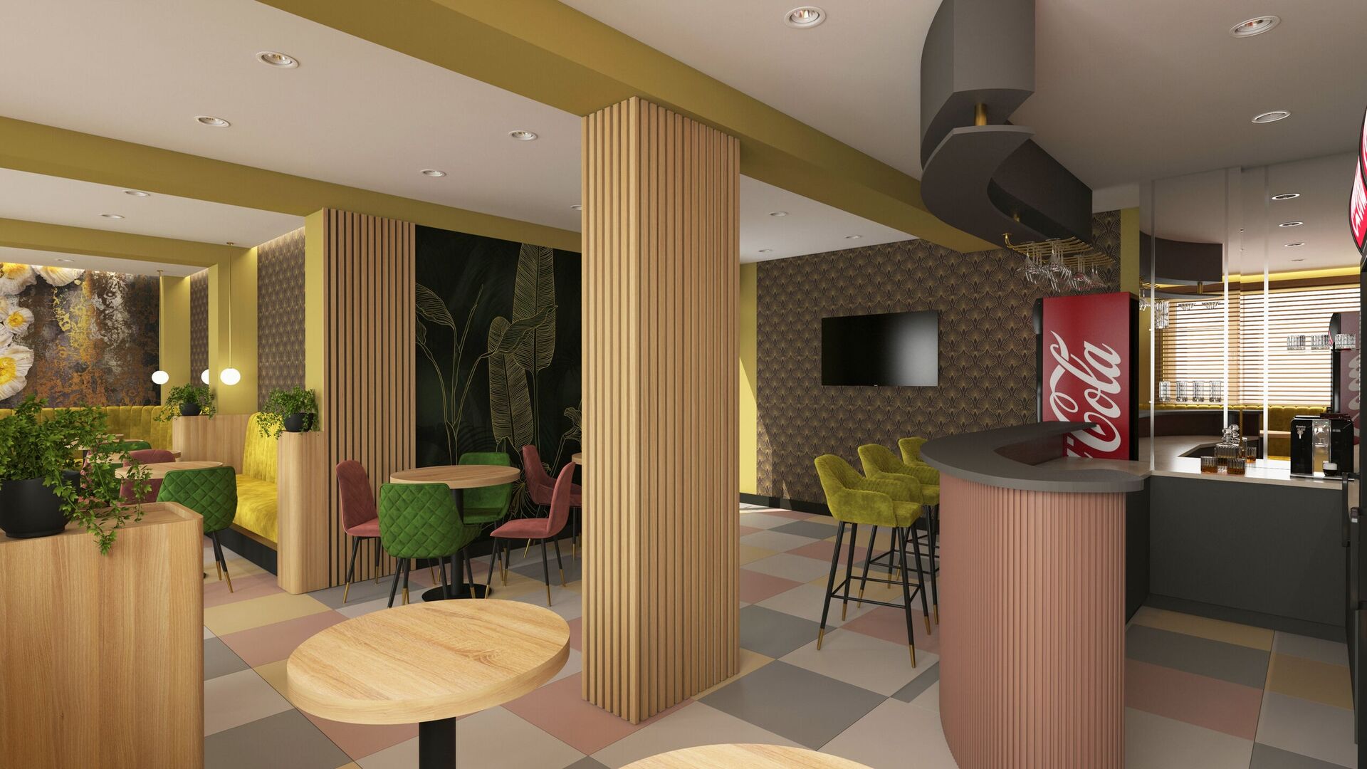 The room toward the bar with a ribbed pink front, timber columns and yellow stools.