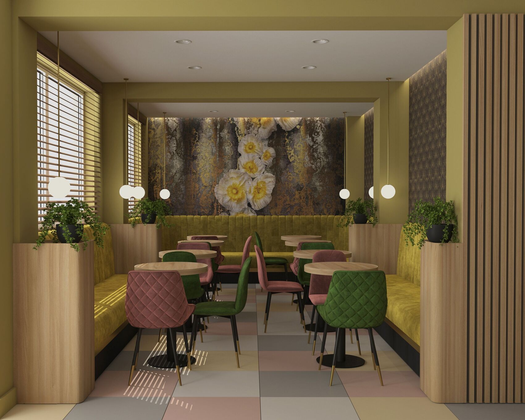 Dining room toward the mural, banquettes and chequered floor.