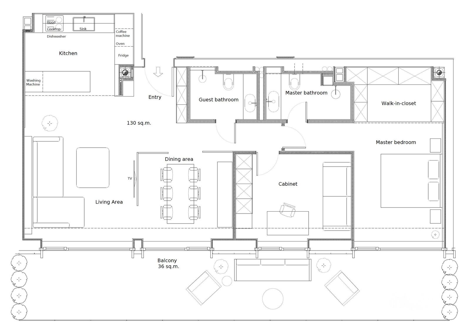 Grundriss von Leisure Geometrism, 130 m², mit Wohnen, Essen, Küche, Schlafzimmer und Bädern.