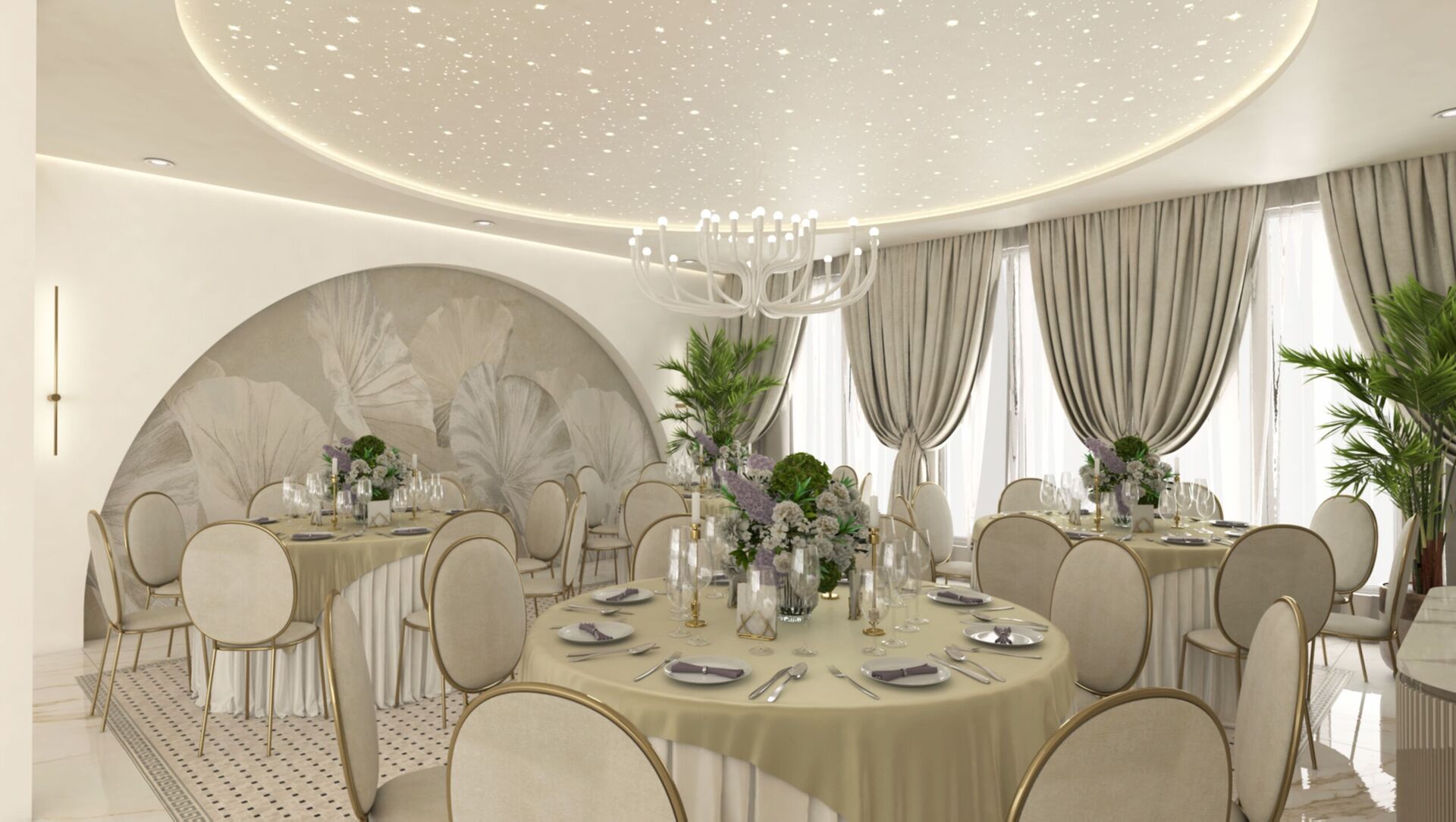Une table ronde sous un plafond étoilé, une niche florale en arc et des chaises crème à cadre de laiton.