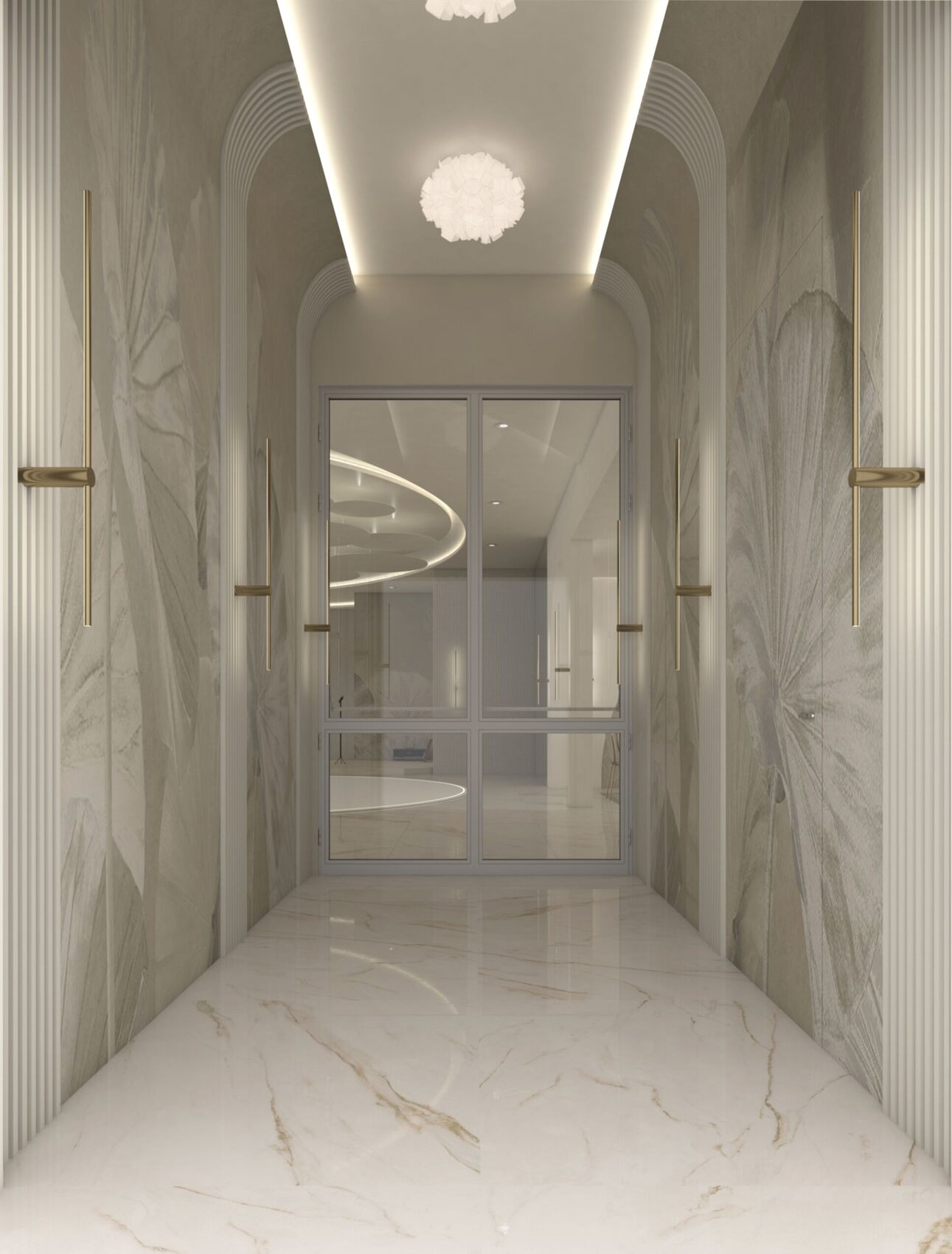 Couloir de pierre florale et porte vitrée vers la salle.