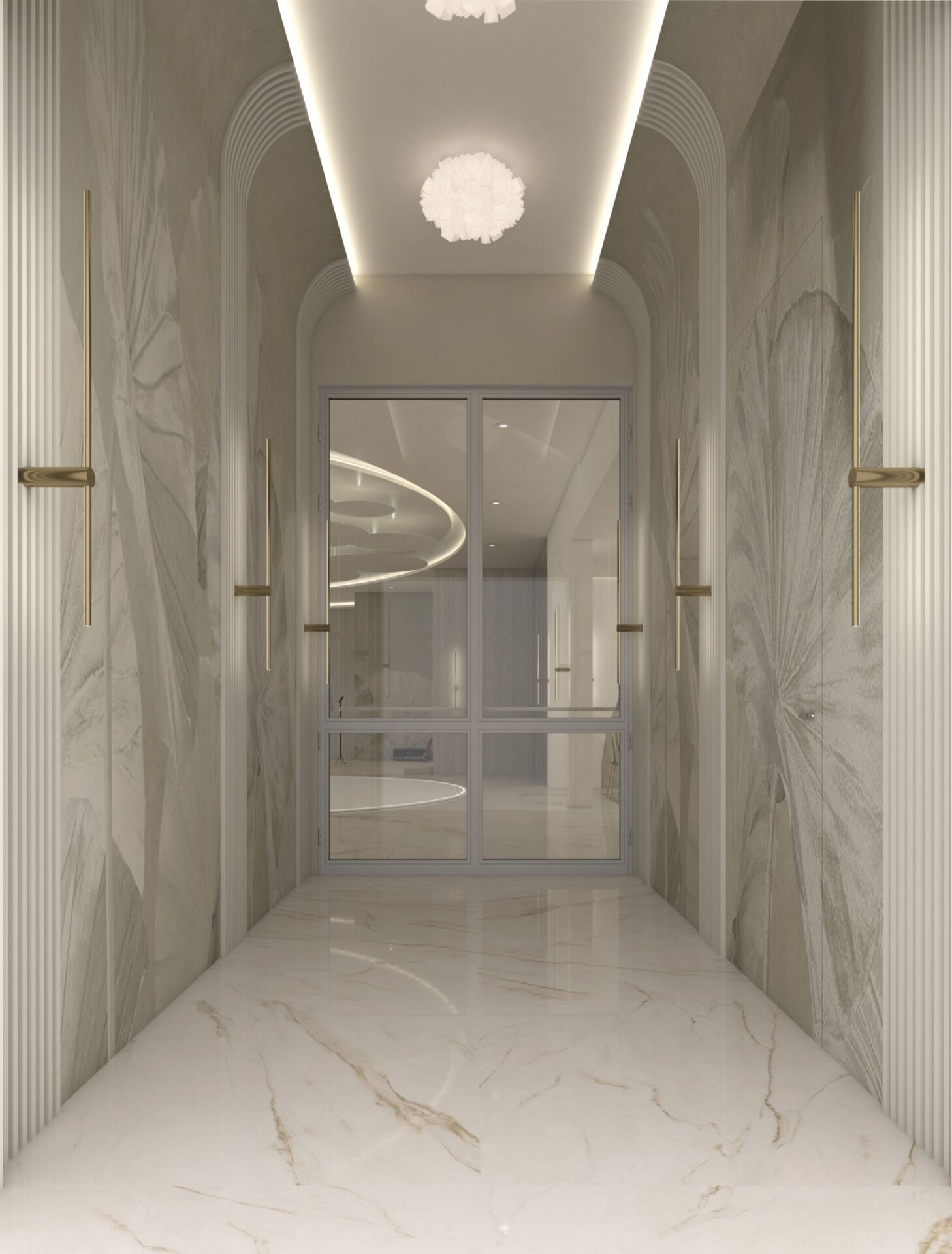 Un vestibule de pierre florale, d’appliques de laiton et d’une porte vitrée vers la salle.