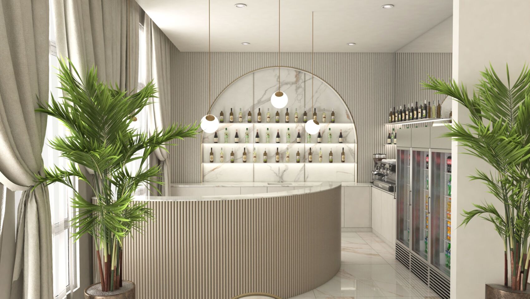 Bar au front cannelé, niche de marbre et vitrines réfrigérées.