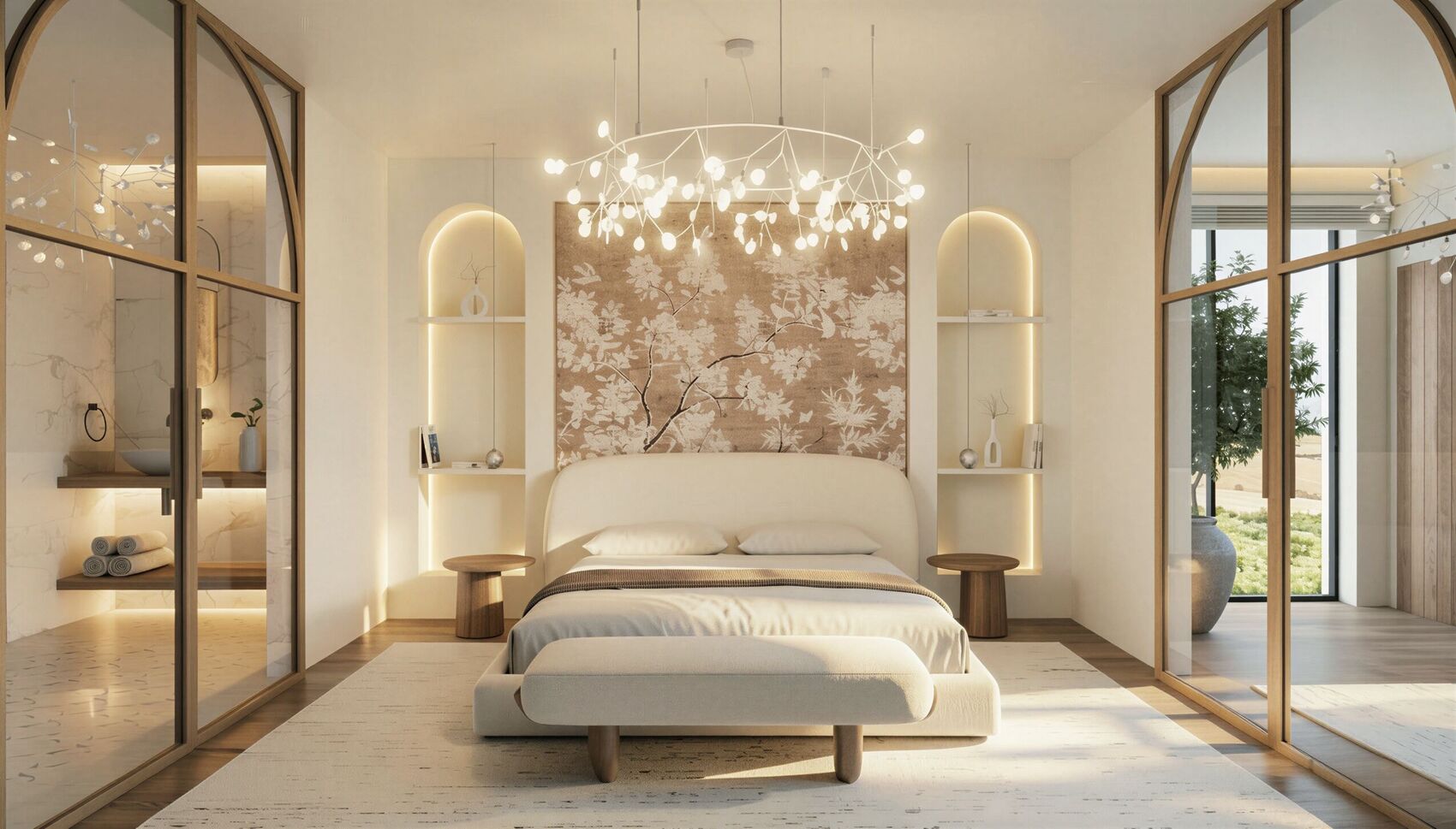 Master bedroom with arched glazed screens and floral headboard.