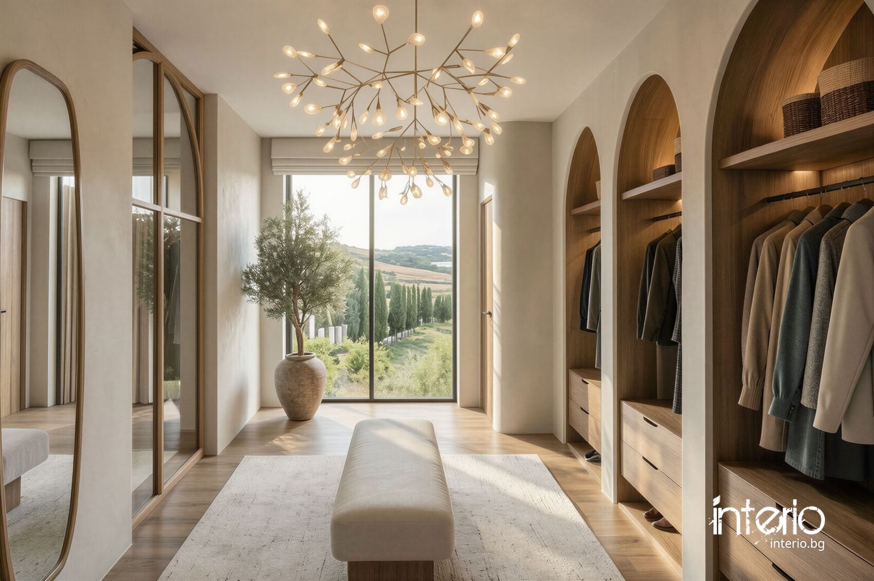 Walk-in closet with arched cabinetry.