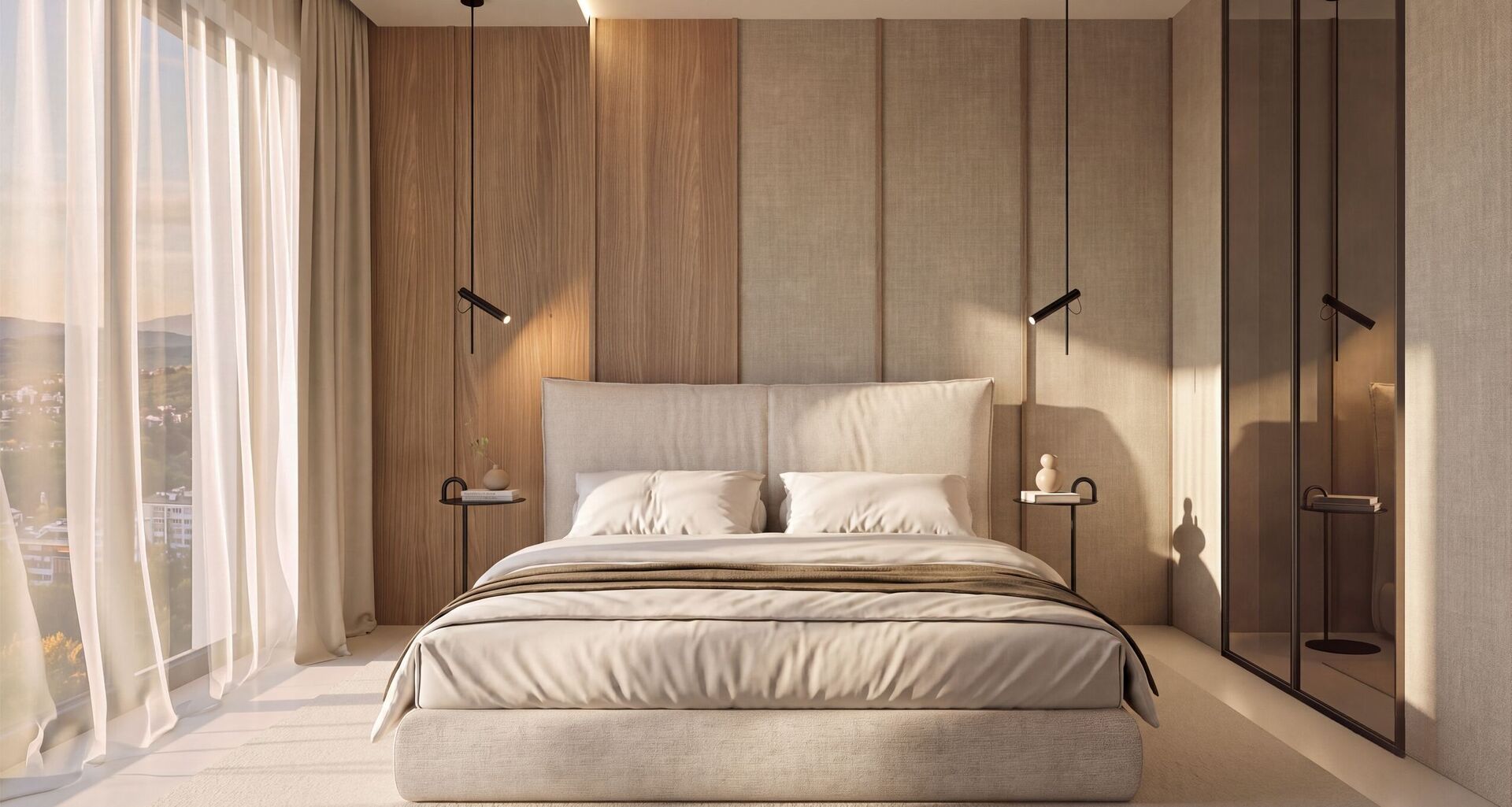 Chambre avec un mur de tête de lit en bois et tissu, des suspensions noires et un dressing miroir.