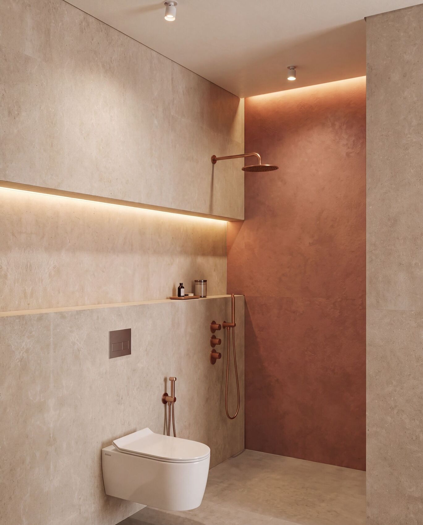 Douche aux robinets de cuivre et mur de terre cuite.