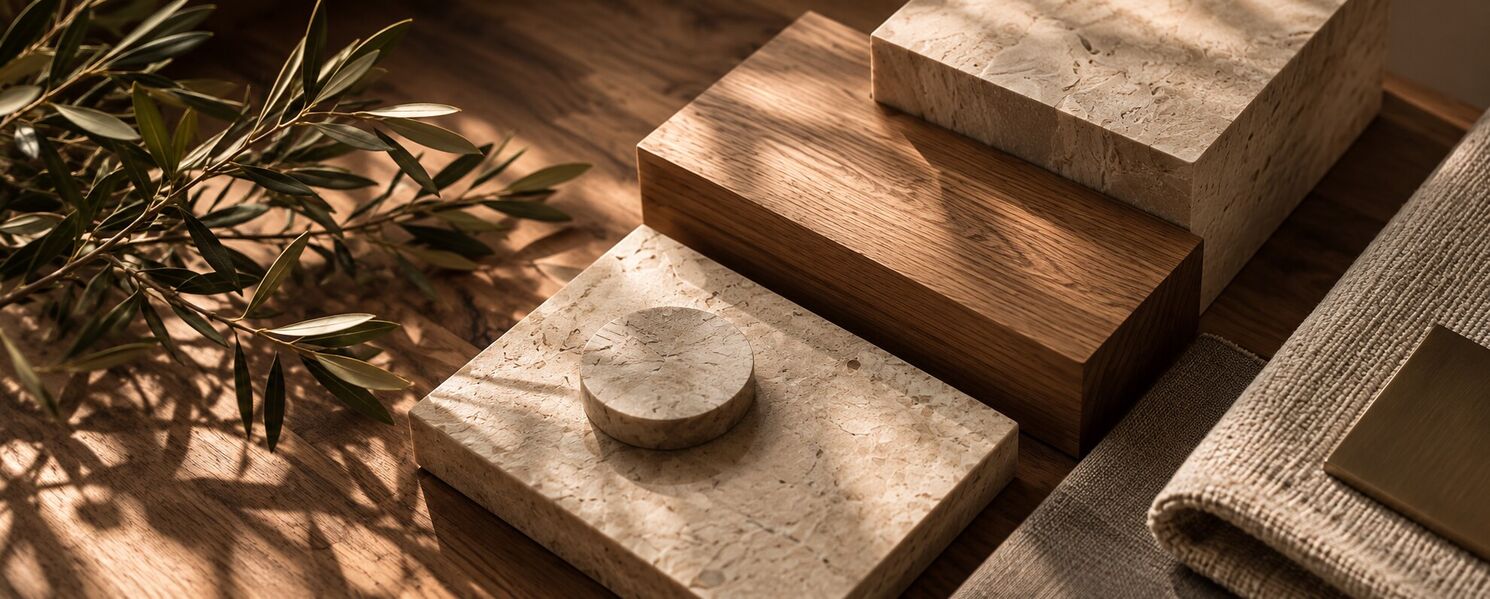 Stein- und Holzproben mit einem Ölzweig auf einem Arbeitstisch.