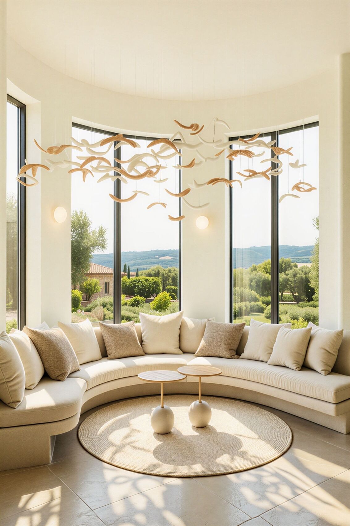 Relax bay with a curved sofa looking to the landscape.