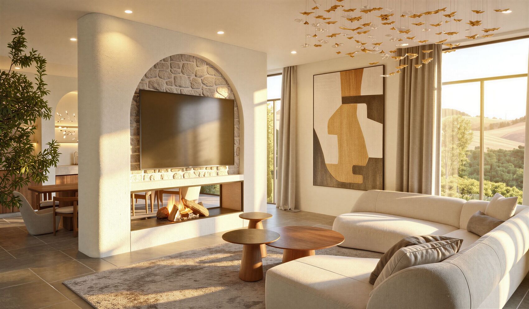 Salón hacia la chimenea, la pintura y las ventanas.