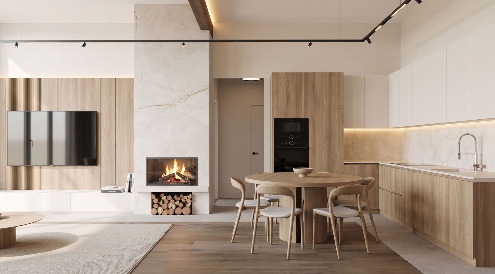 La chimenea entre el estar y el comedor.