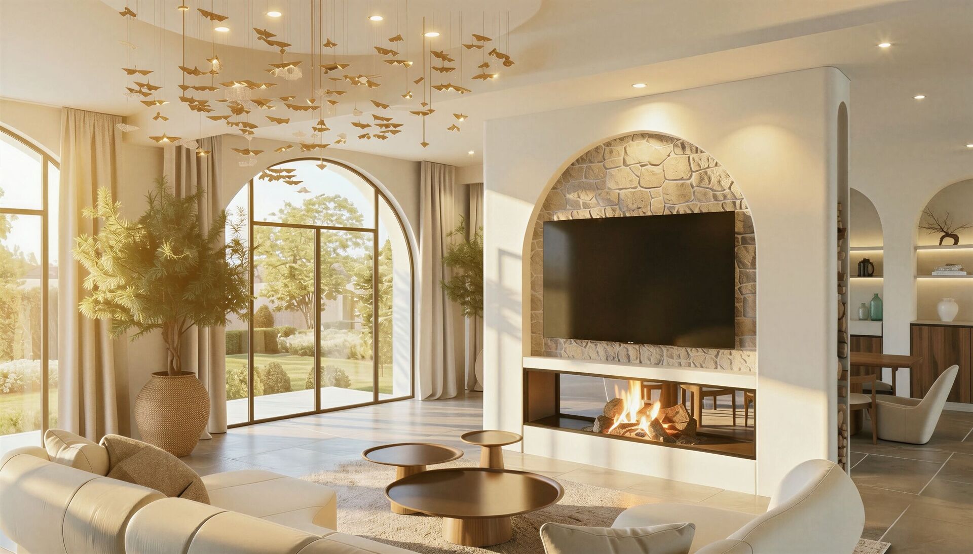 The living room with a stone-lined arched fireplace, a hanging installation of birds and garden light through arched doors.