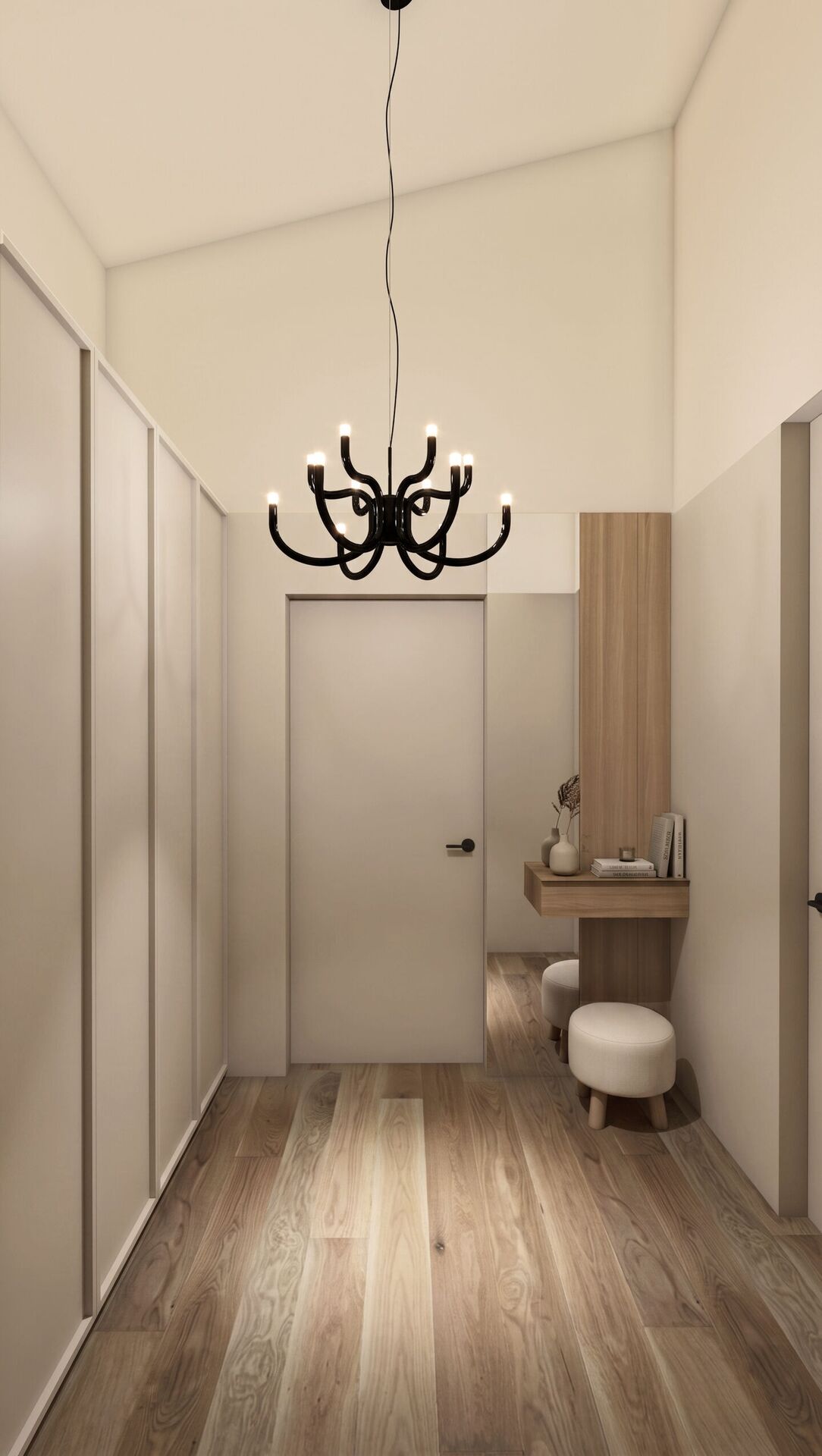 Вход с черен полилей, конзола от светло дърво и две табуретки.